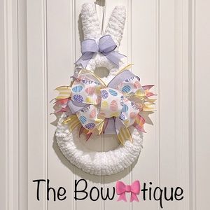 White Fluffy Yarn & Ribbon Bunny Wreath for Easter 19”L